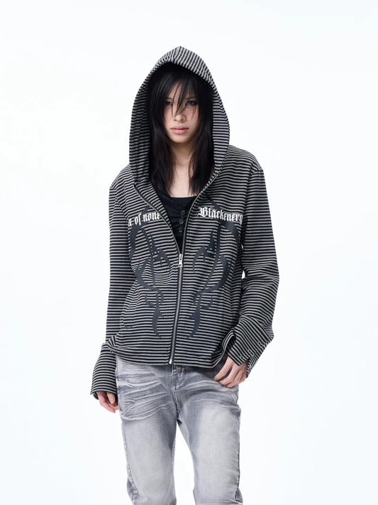 Striped Print Hooded Sweatshirt Zip-up Cardigan