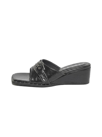 Buckled Square-Toe Low-Wedge Slide Sandals