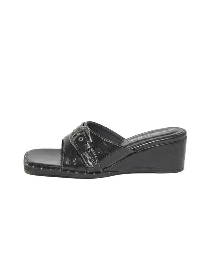 Buckled Square-Toe Low-Wedge Slide Sandals