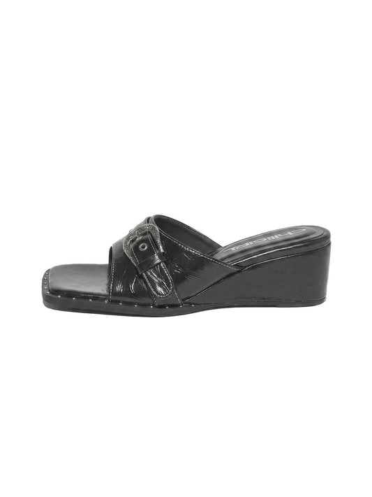 Buckled Square-Toe Low-Wedge Slide Sandals