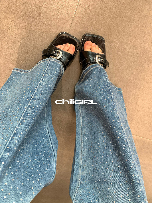 Buckled Square-Toe Low-Wedge Slide Sandals