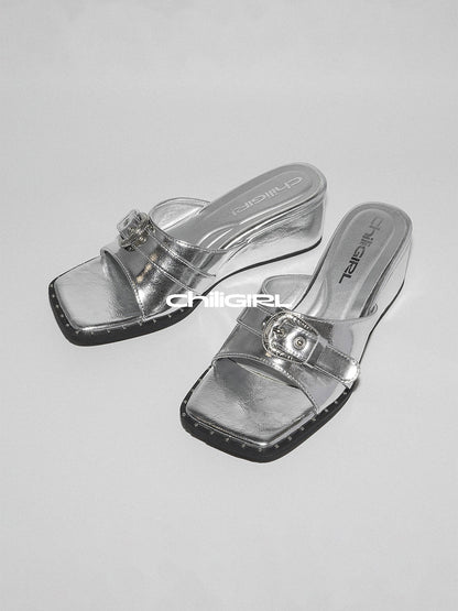 Buckled Square-Toe Low-Wedge Slide Sandals