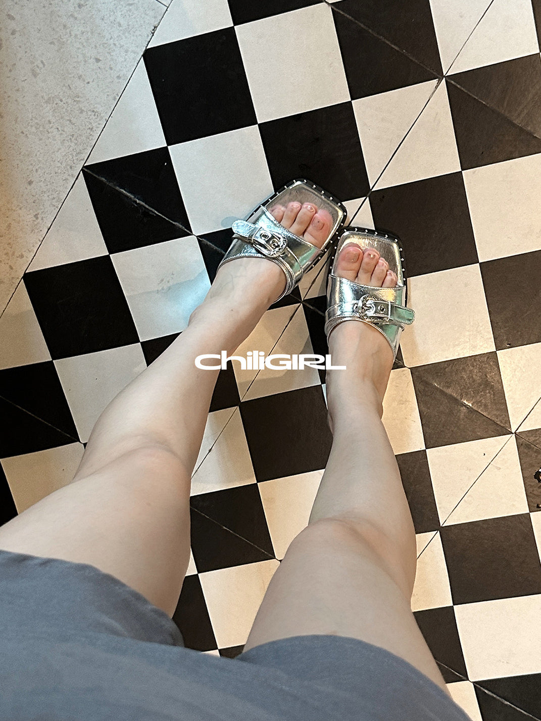 Buckled Square-Toe Low-Wedge Slide Sandals