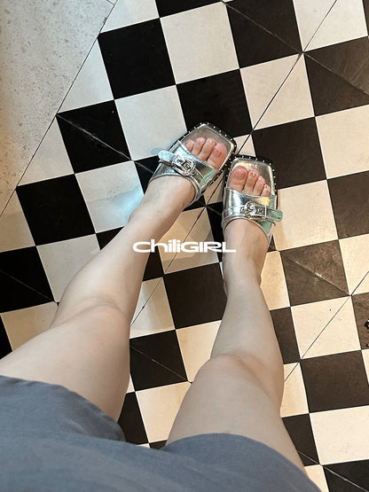 Buckled Square-Toe Low-Wedge Slide Sandals