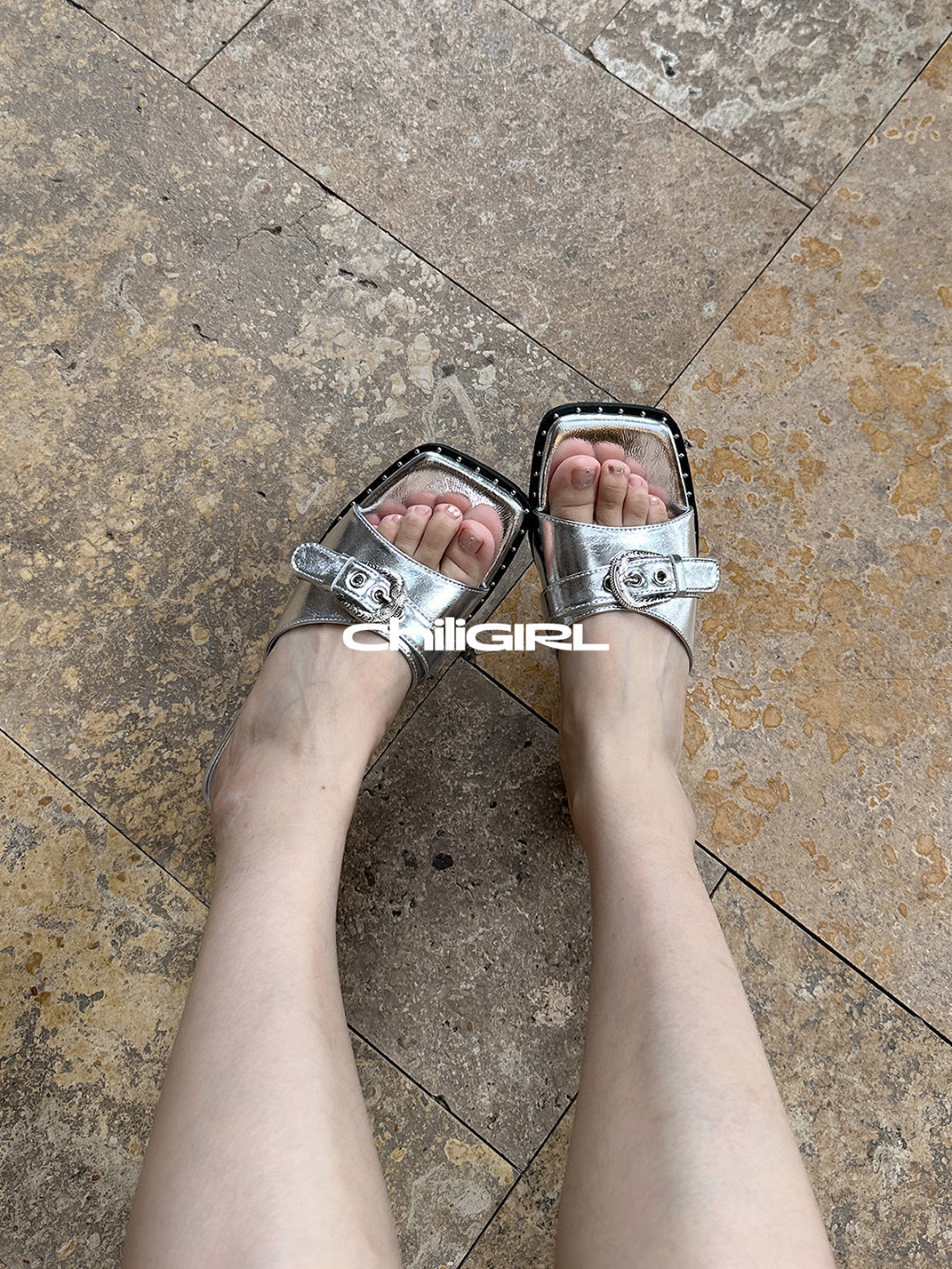 Buckled Square-Toe Low-Wedge Slide Sandals