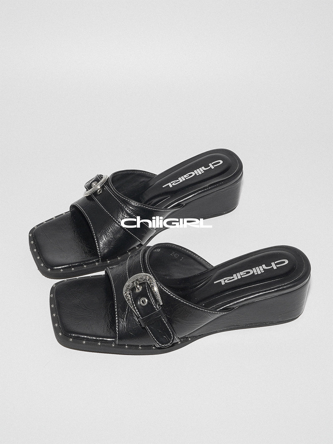 Buckled Square-Toe Low-Wedge Slide Sandals