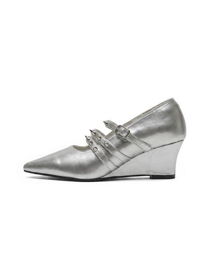 Silver Cross-Strap Pointed-Toe Wedge Pumps