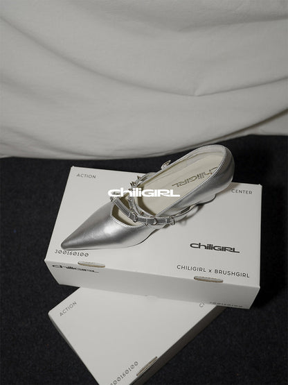 Silver Cross-Strap Pointed-Toe Wedge Pumps