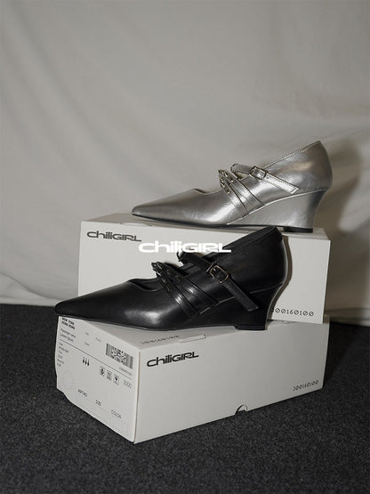 Silver Cross-Strap Pointed-Toe Wedge Pumps