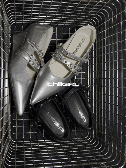 Silver Cross-Strap Pointed-Toe Wedge Pumps