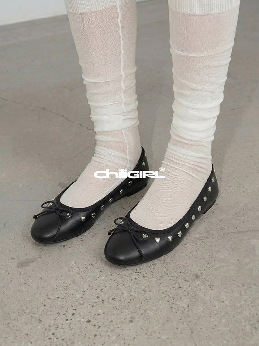 Heart-Rivet Bow Ballet Flats
