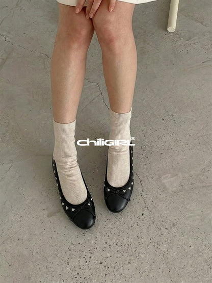Heart-Rivet Bow Ballet Flats