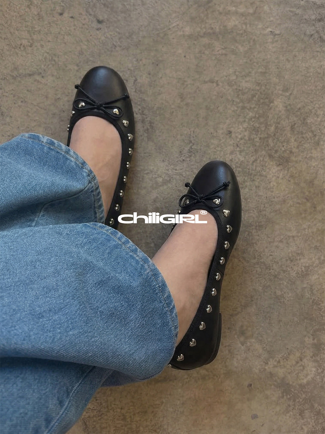 Heart-Rivet Bow Ballet Flats