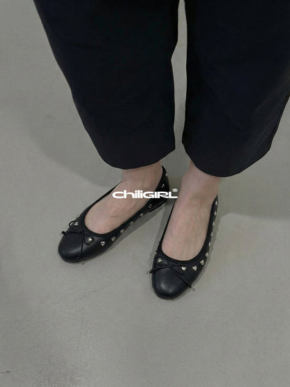 Heart-Rivet Bow Ballet Flats