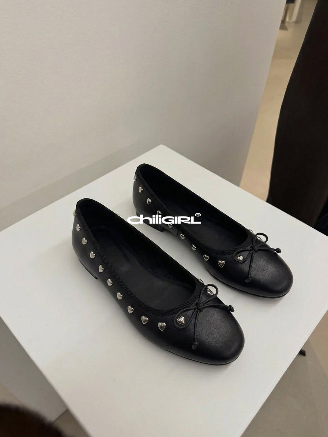 Heart-Rivet Bow Ballet Flats