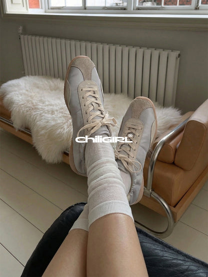 Light Beige Retro Lace-Up Trainers