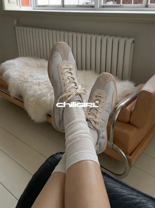 Light Beige Retro Lace-Up Trainers