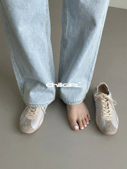 Light Beige Retro Lace-Up Trainers