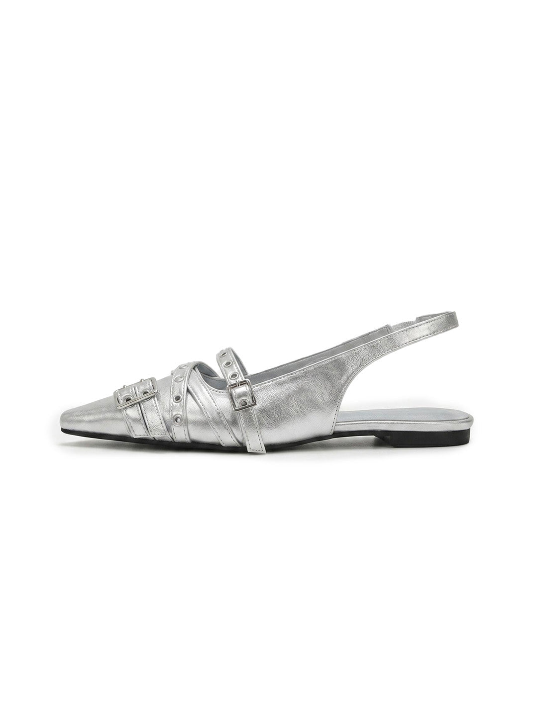 Silver Pointed-Toe Rivet Slingback Flats