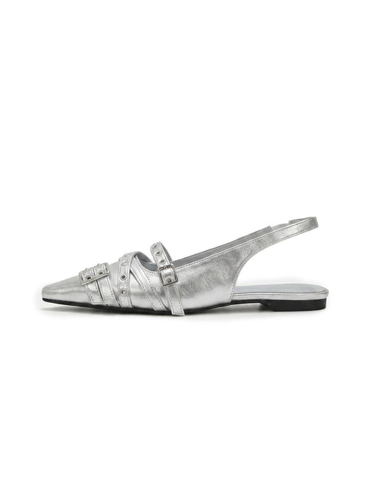 Silver Pointed-Toe Rivet Slingback Flats