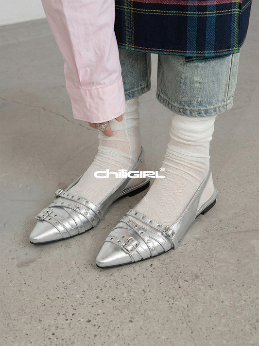 Silver Pointed-Toe Rivet Slingback Flats
