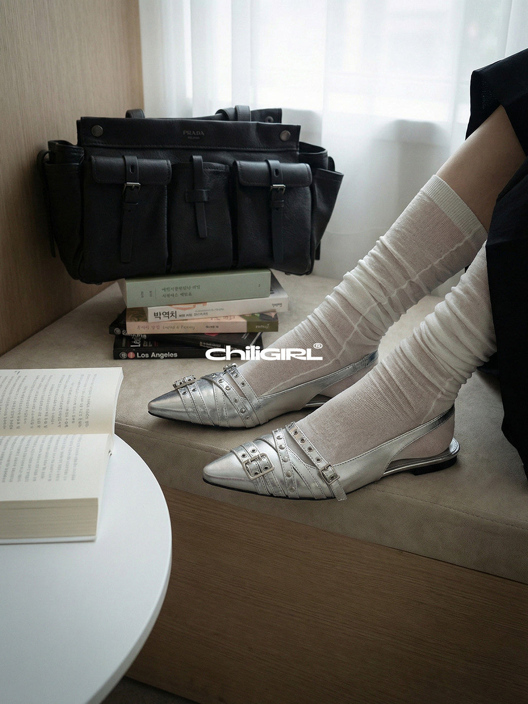 Silver Pointed-Toe Rivet Slingback Flats