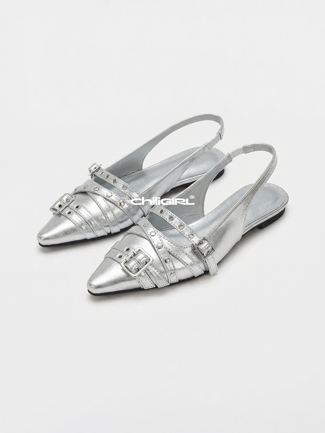 Silver Pointed-Toe Rivet Slingback Flats