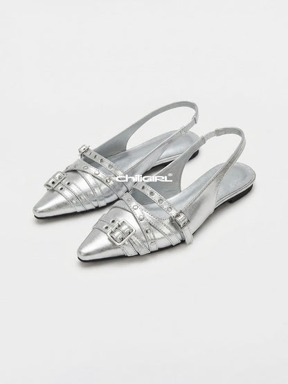 Silver Pointed-Toe Rivet Slingback Flats