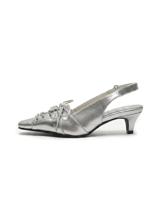 Silver Pointed-Toe Kitten-Heel Slingbacks