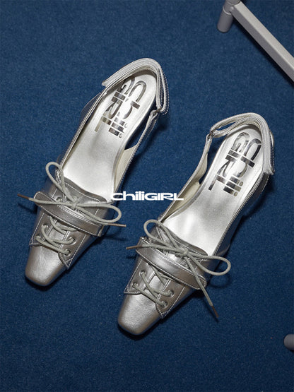 Silver Pointed-Toe Kitten-Heel Slingbacks