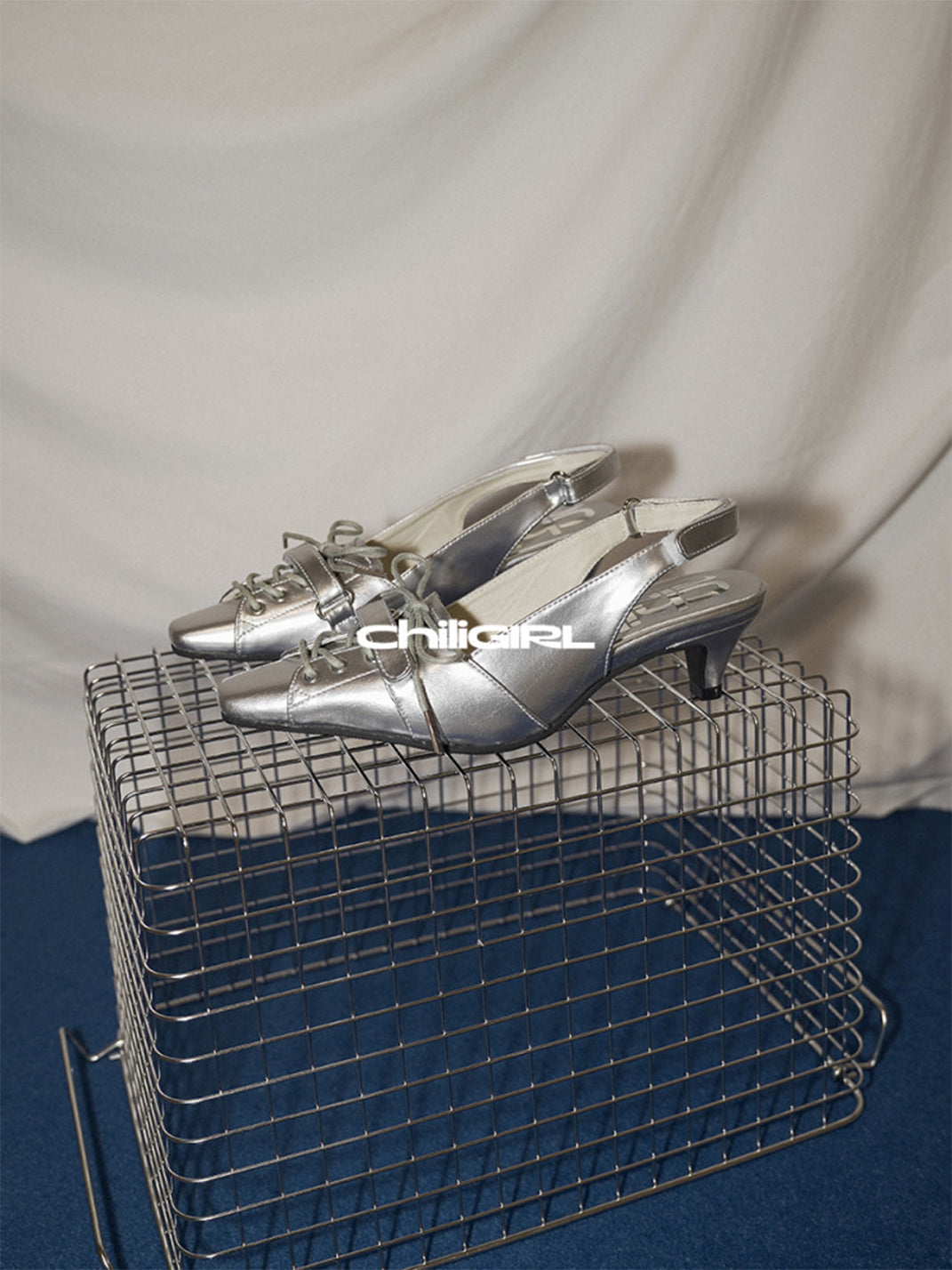 Silver Pointed-Toe Kitten-Heel Slingbacks