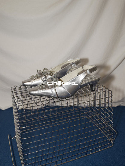 Silver Pointed-Toe Kitten-Heel Slingbacks