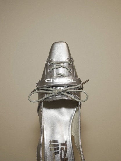 Silver Pointed-Toe Kitten-Heel Slingbacks