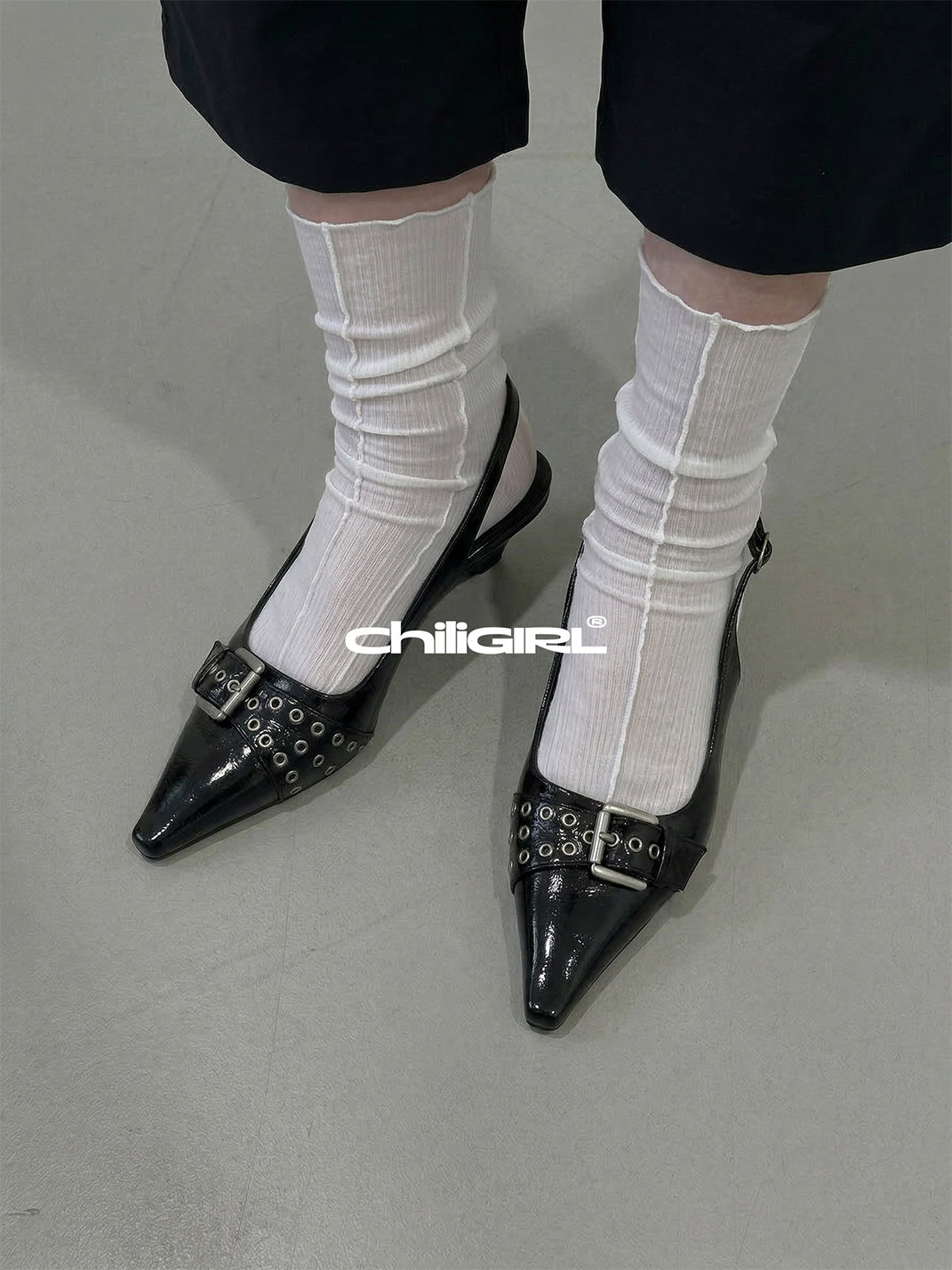 Black Rivet-Buckle Kitten-Heel Slingbacks