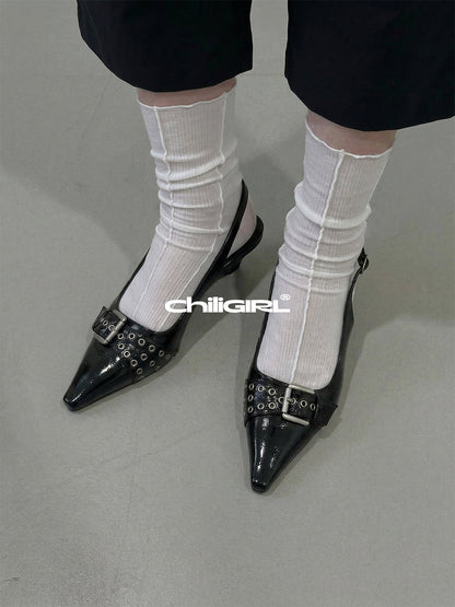 Black Rivet-Buckle Kitten-Heel Slingbacks