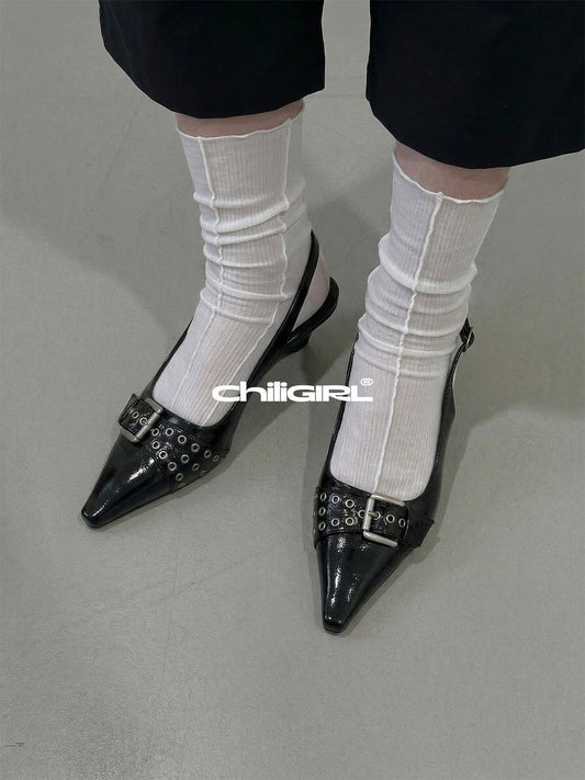 Black Rivet-Buckle Kitten-Heel Slingbacks