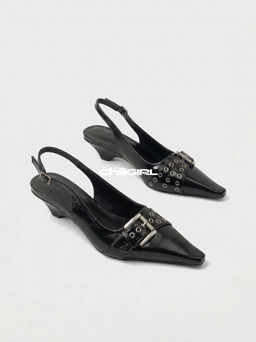 Black Rivet-Buckle Kitten-Heel Slingbacks