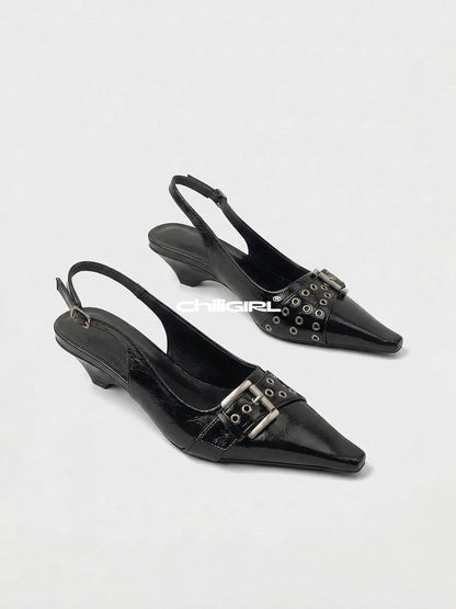 Black Rivet-Buckle Kitten-Heel Slingbacks