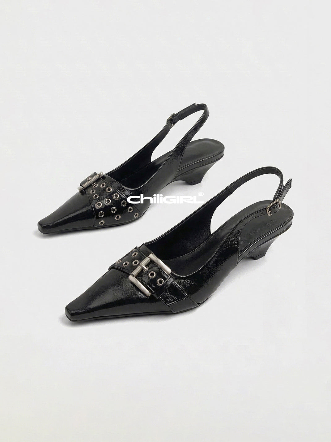 Black Rivet-Buckle Kitten-Heel Slingbacks