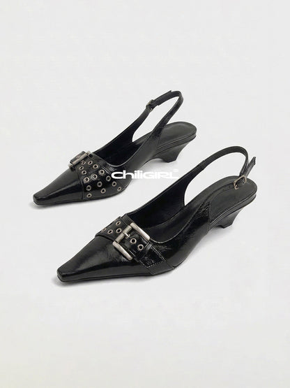 Black Rivet-Buckle Kitten-Heel Slingbacks