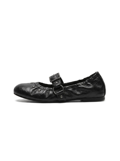 Rivet-Buckle Crinkled Ballet Flats