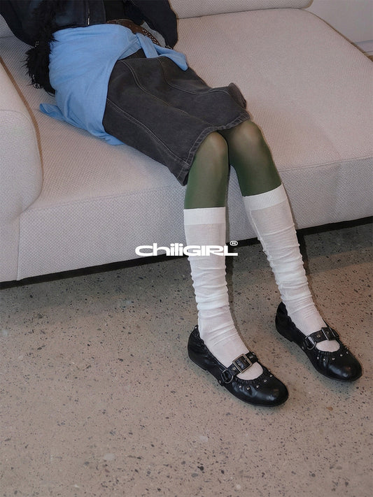 Rivet-Buckle Crinkled Ballet Flats