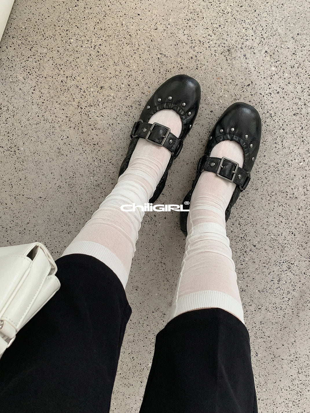 Rivet-Buckle Crinkled Ballet Flats