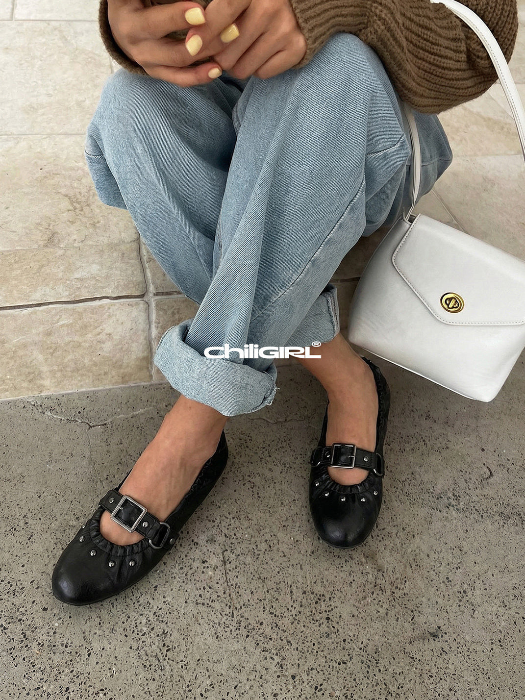 Rivet-Buckle Crinkled Ballet Flats
