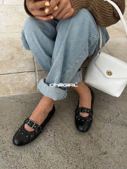 Rivet-Buckle Crinkled Ballet Flats