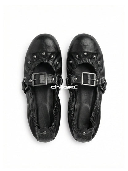 Rivet-Buckle Crinkled Ballet Flats