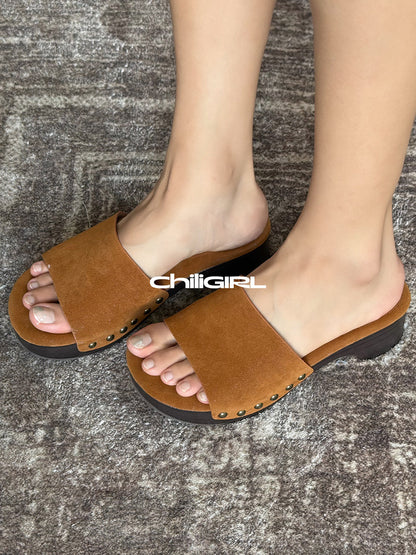 Studded Brown Sculpted-Heel Slides