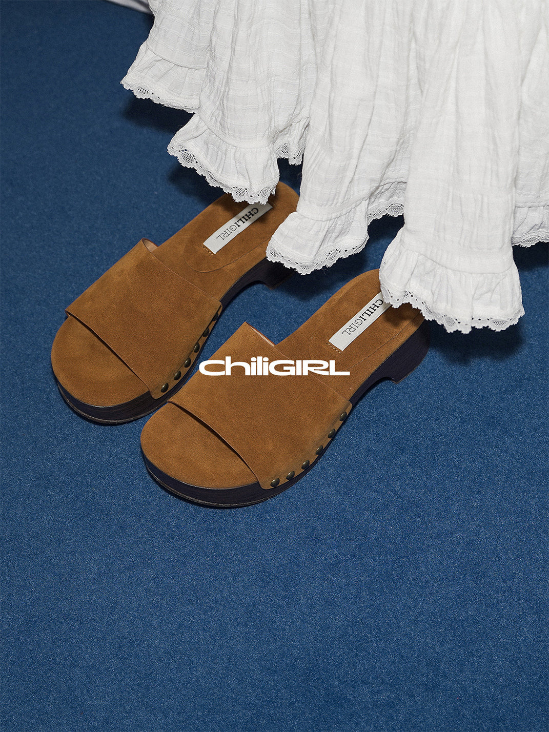 Studded Brown Sculpted-Heel Slides