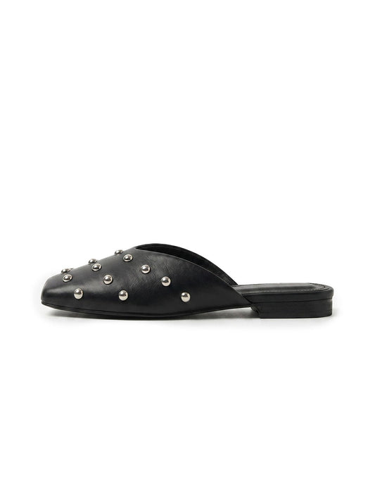Black Studded Pointed-Toe Mule Flats