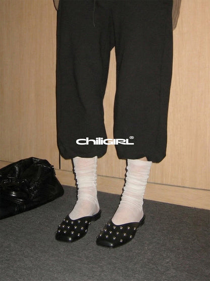 Black Studded Pointed-Toe Mule Flats